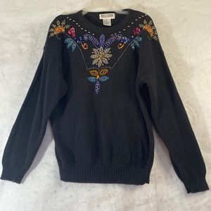 Vintage 1980s Western Connection Black Beaded Sequin Sweater Party Retro Glam